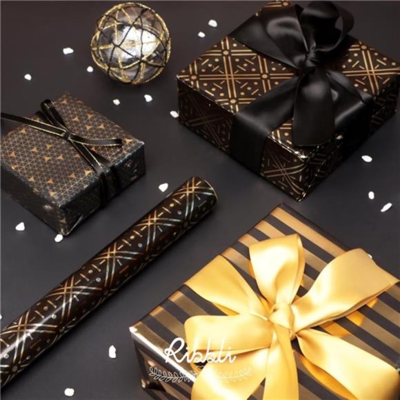 Christmas Wrapping Paper Black and Gold, 3 Rolls - 17 inch x 120 inch(10ft) - Picture 4 of 7